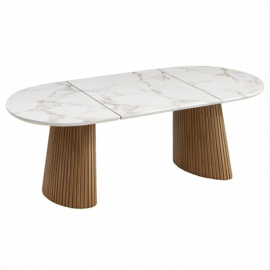Rozkładany owalny stół do jadalni 160–200 × 90 × 75 cm, biały marmur/orzech